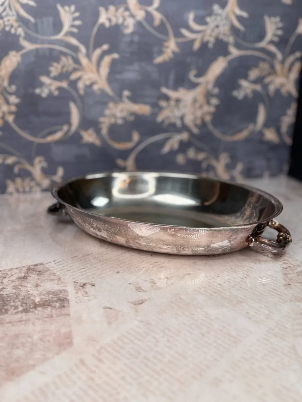 Vintage Silverplate Oval Serving Bowl Dish w Handles Footed 9.5”
